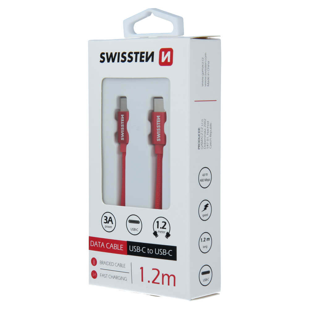 Textilný dátový kábel Swissten USB-C / USB-C 1,2 M  - červený